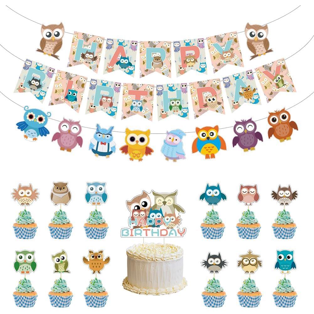 Decorações de Festa de Aniversário com Tema de Corujas, Faixa de Feliz Aniversário com Corujas Fofas, Bandeirolas de Cor