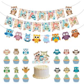 Decorações de Festa de Aniversário com Tema de Corujas, Faixa de Feliz Aniversário com Corujas Fofas, Bandeirolas de Cor