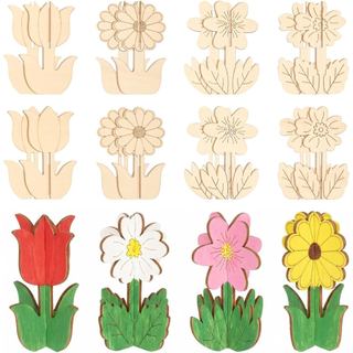 24 peças de artesanato em madeira sem acabamento, artesanato em madeira de buxo 3D, artesanato de pintura de tulipas e m