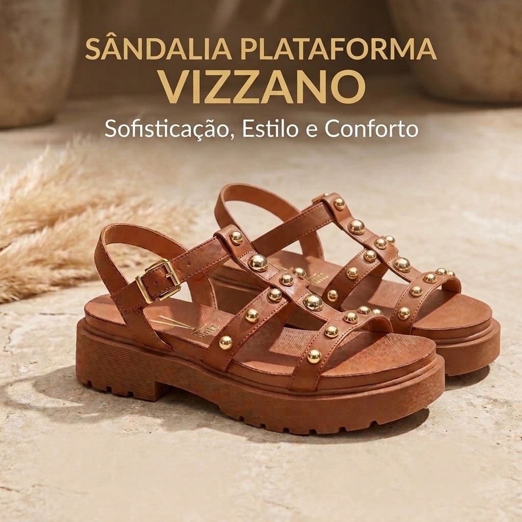 Sandália Plataforma Vizzano Feminina Tratorada Confortável Casual com Tachas Douradas e Fivela Ajustável 6499110