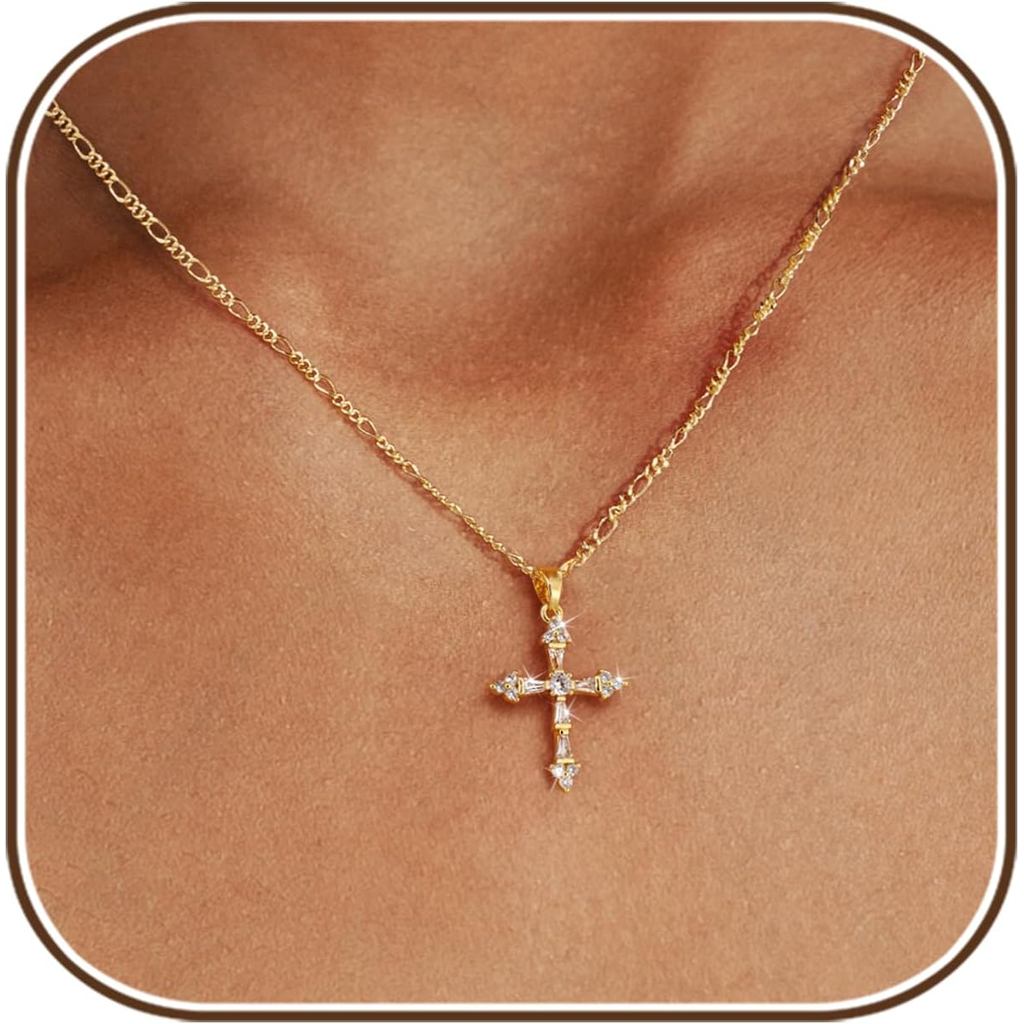 Colar feminino com cruz, colar com cruz dupla banhado a ouro 14K, colar feminino com pingente de cruz dourada requintado