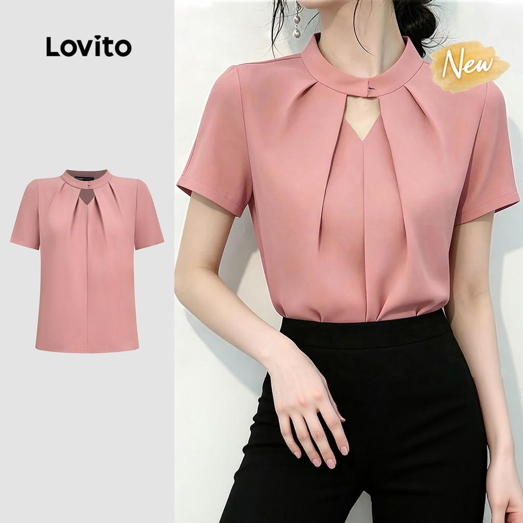 (New Arrival) Lovito Blusa Elegante com Pregas Vazadas Primavera/verão Corderosa