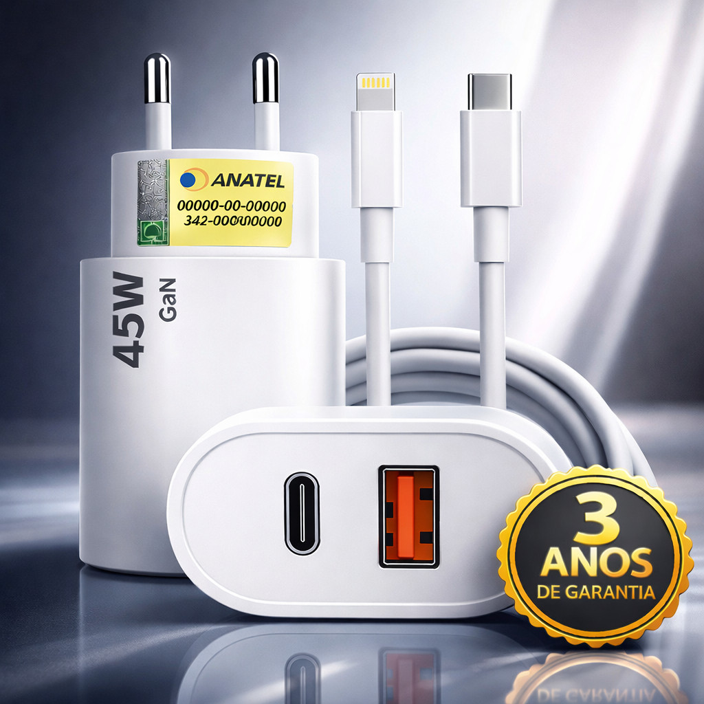 Carregador Turbo 45w Rápido Usb-c Branco Compatível Com iPhone 7, 8, X, Xr, Xs, 11, 12, 13 E 14
