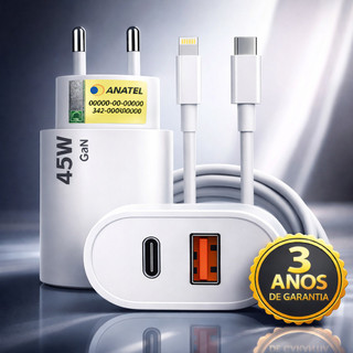 Carregador Turbo 45w Rápido Usb-c Branco Compatível Com iPhone 7, 8, X, Xr, Xs, 11, 12, 1…
