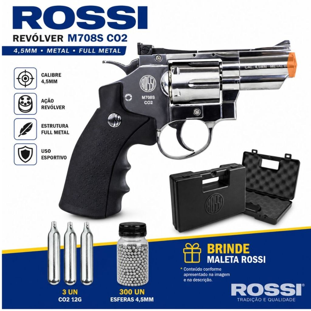 Revólver de Pressão Rossi Wingun 708S CO2 4,5mm Cromado + Maleta + 3 CO2 + 300 Esferas