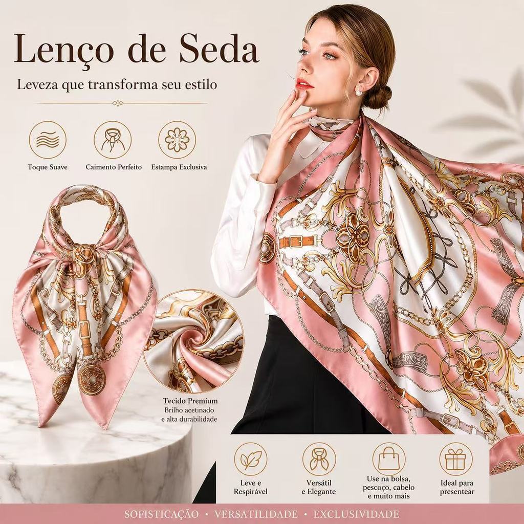 Lenço Feminino Grande Cetim de Seda Estampado Arabescos Dourados90X90