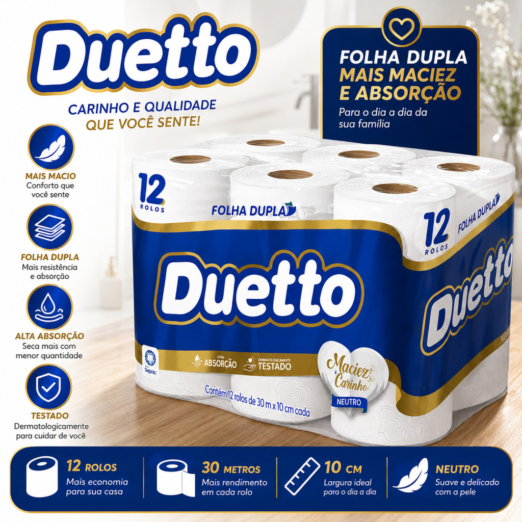 Papel Higiênico Folha Dupla 12 Rolos de 30m Neutro Macio e Absorvente - Duetto