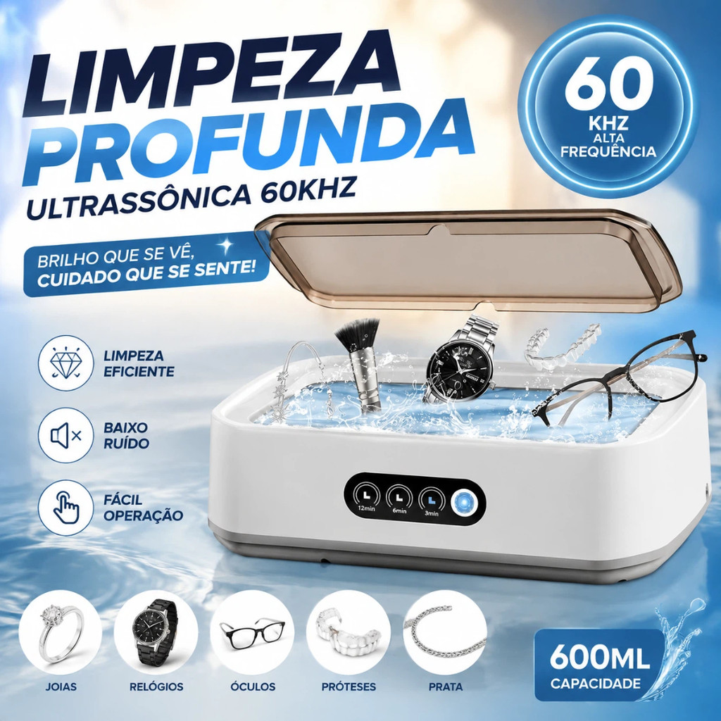 Limpador Ultrassônico 60KHz Para Joias Óculos Relógios Próteses E Prata 220V 600ml