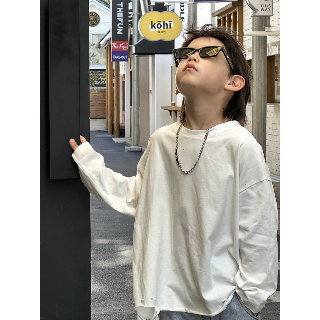 Meninos camiseta branca primavera outono crianças puro algodão rasgado camisa de fundo versão coreana bonito menino bebê