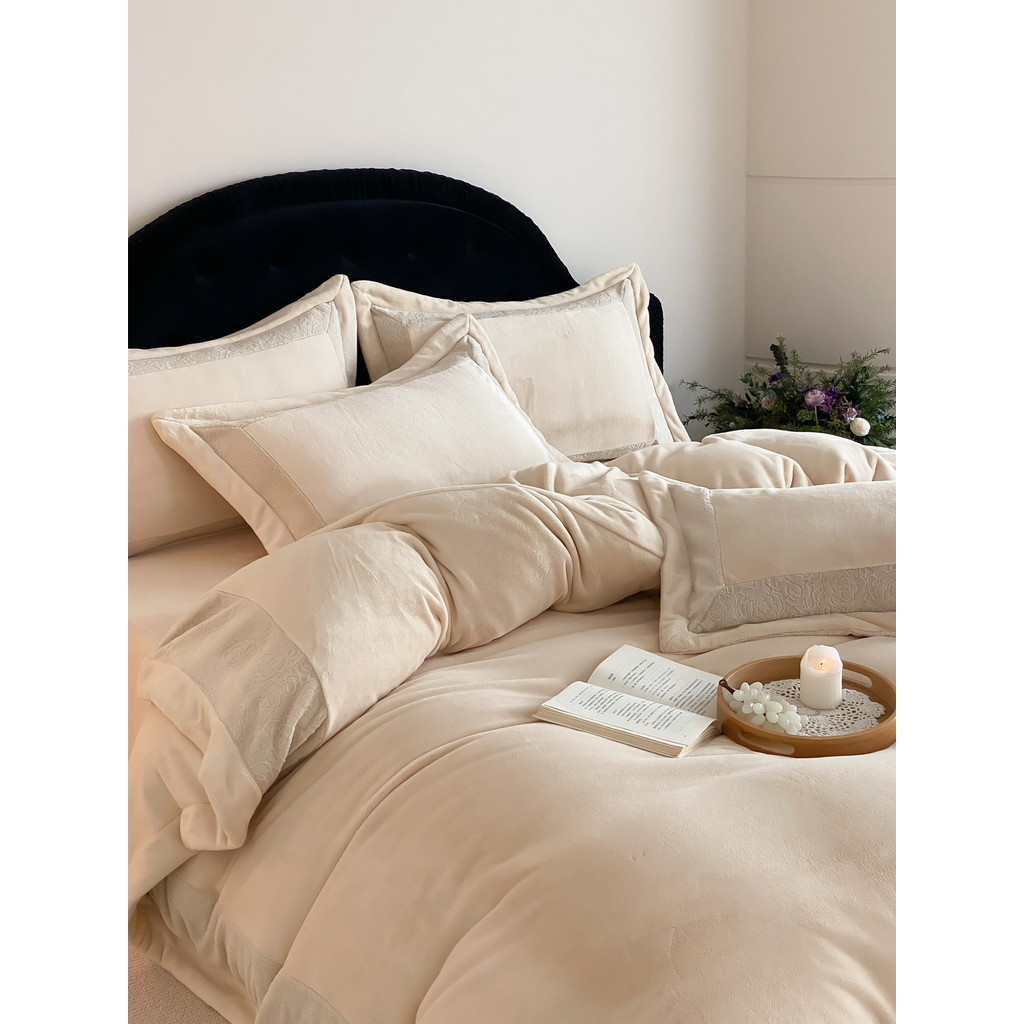 Estilo de luxo leve engrossado leite velo conjunto de quatro peças classe A Coral velo flanela quente inverno cama 1.5m1