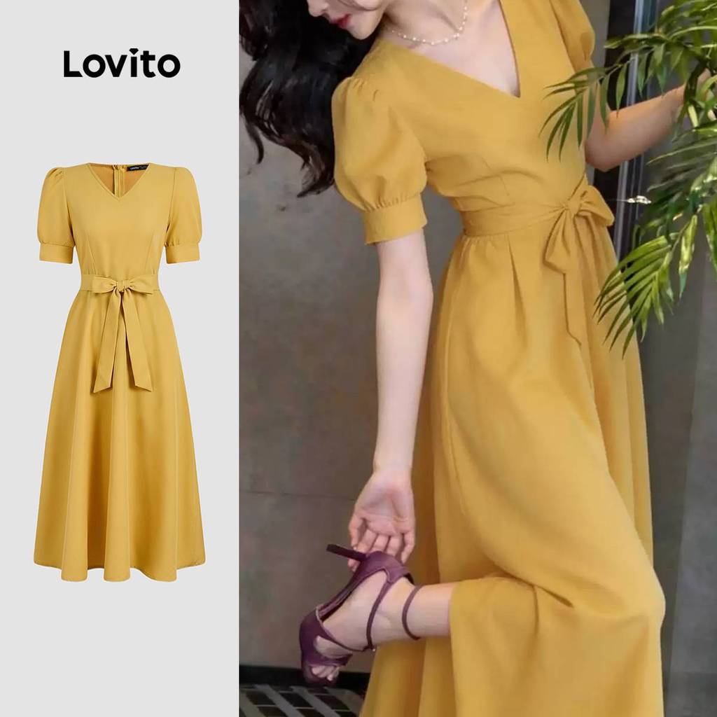 (New Arrival) Lovito Vestido Casual com Cinto Plissado de Verão/primavera Amarelo para mulheres L195ED009
