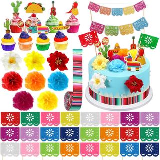 Fullhawl 58 Peças Decorações para Bolo de Festa Mexicana, Mini Bandeiras de Papel Picado, Fita Serape, Decoração de Flor