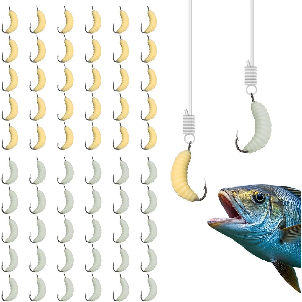 60 peças de iscas de borracha para pesca com anzóis – 30 peças regulares + 30 peças de minhocas luminosas, iscas artific