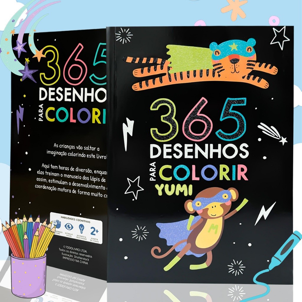 Livro Infantil 365 Desenhos Para Colorir Livro De Pintura Capa C/ Glitter Folhas Brancas Vol. 3
