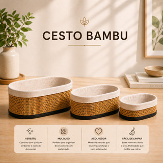 Kit Cesto Organizador Bambu Multiuso com Forro Banheiro Lavanderia Decoração Cosmeticos 3 Tamanhos Pequeno Grande Preto