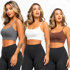 Kit 3 Tops Academia Feminino Suplex Alça Fina Forro Duplo Sustentação Sem Bojo