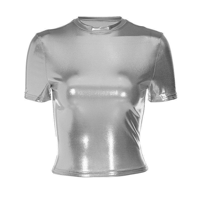 Camiseta Feminina de Moda Metálica com Manga Curta e Decote Redondo 22WK
