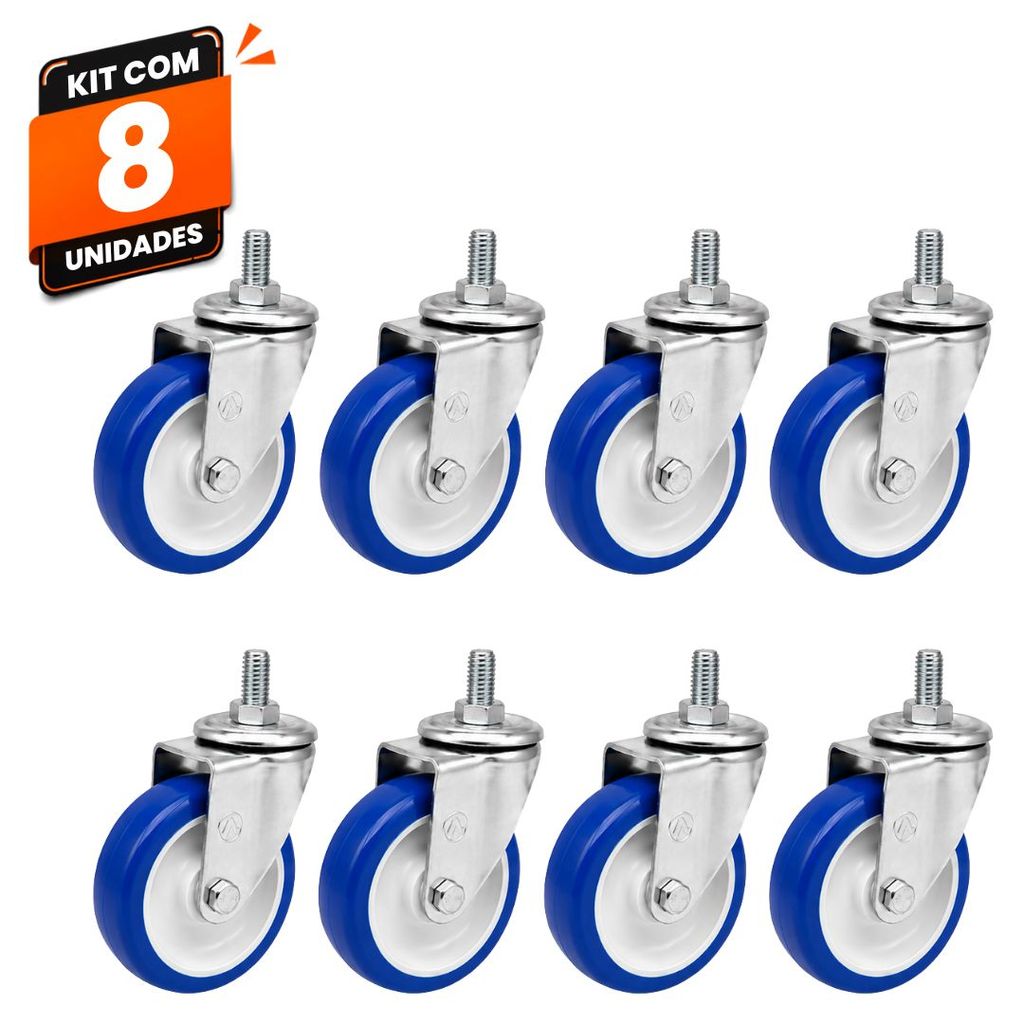 Kit 8 Rodas Rodinhas Giratórias Carrinho Supermercado Mercado Ajax Rosca 4" PVC Azul 100kg Alta Resistência