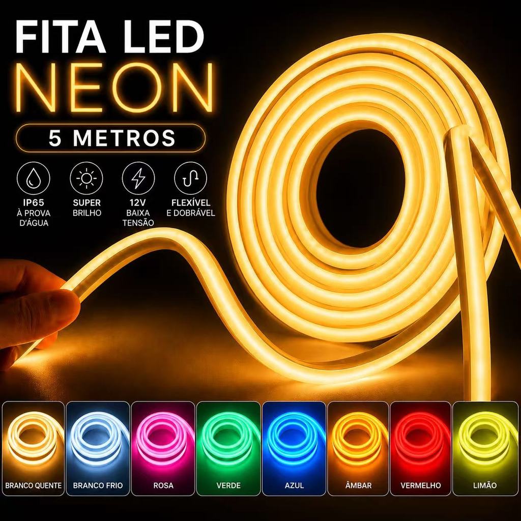 Fita LED Neon 5m IP65 12V Super Brilho Decoração Quarto Gamer Luz Ambiente Flexível