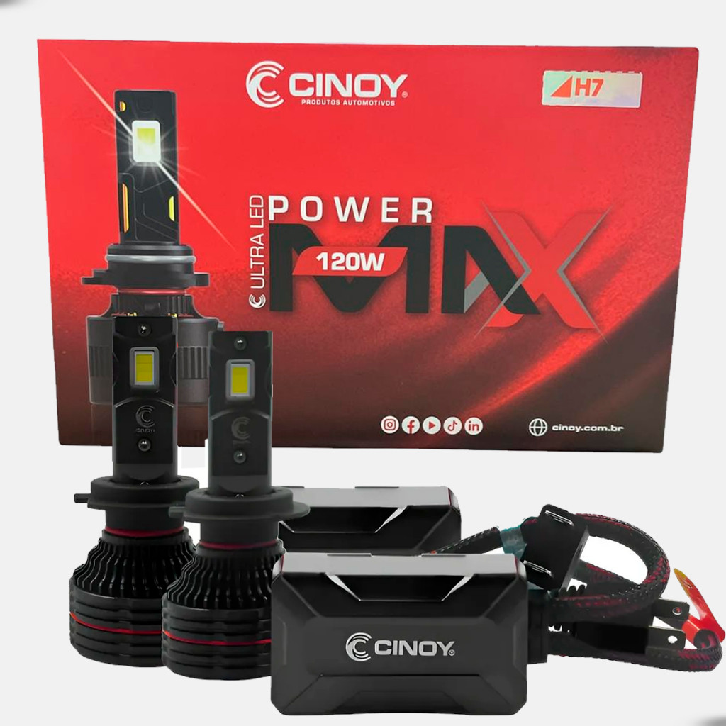 Super LED Cinoy Power Max H7 16000 Lúmens 12V com Reator 120W Alta Iluminação