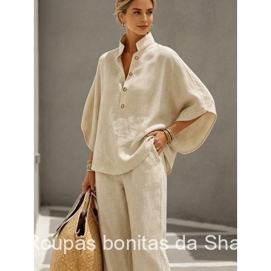 Conjunto Feminino Linho Algodão Camisa Solta Manga Longa Decote V Calça Wide-Leg Unicolor Trabalho Casual