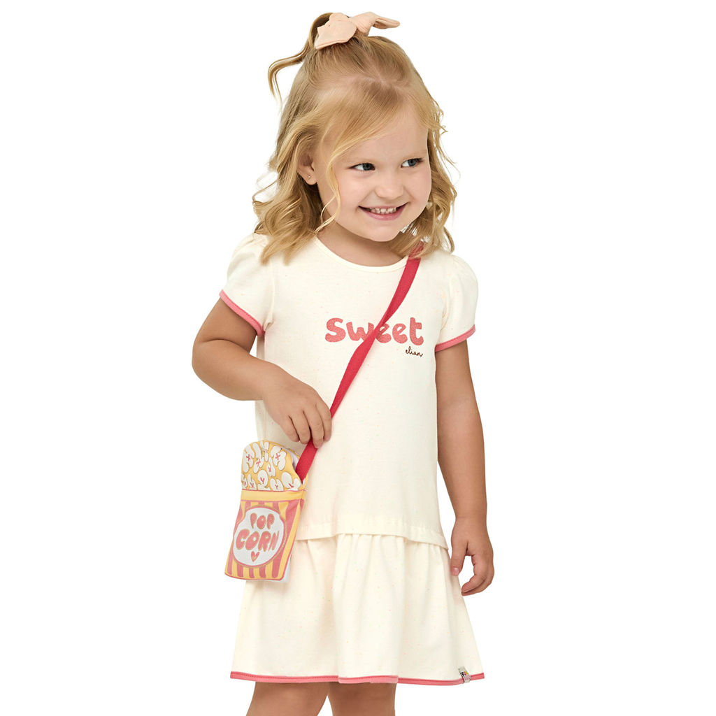 Vestido Infantil Menina Com Bolsa Pipoca Elian Bege