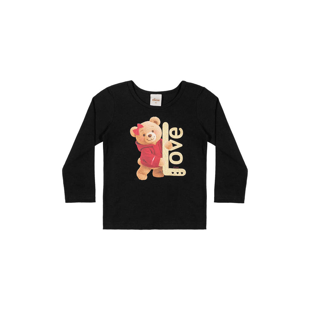 Blusa Infantil Menina Manga Longa Ursinha Elian Preto