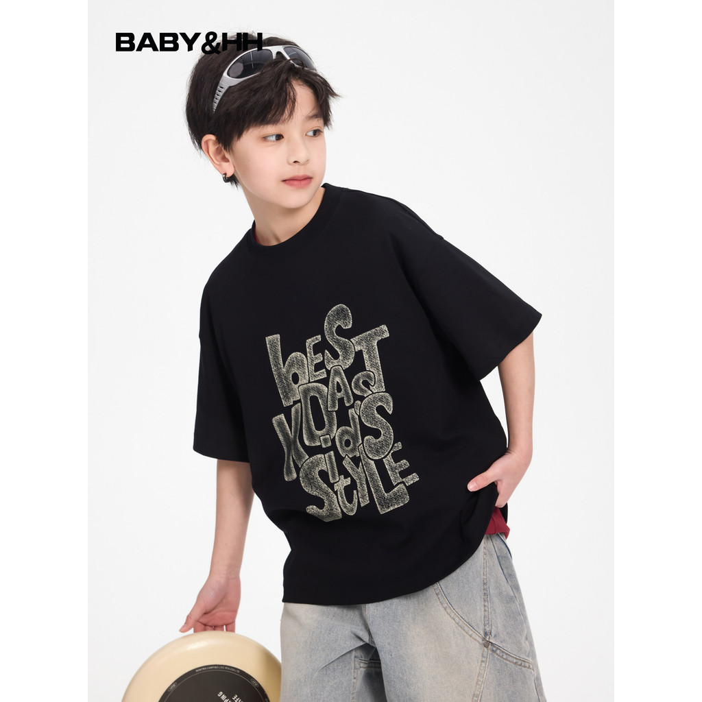 Meninos verão wear Street wear solto preto de manga curta camiseta 2026 novo estilo médio grande crianças meninos verão 
