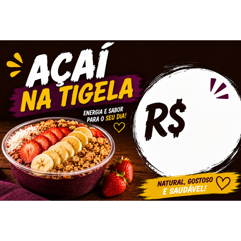 BANNER EM LONA PROPAGANDA PARA COMERCIO 90X50 COM 4 ILHOIS AÇAI NA TIGELA