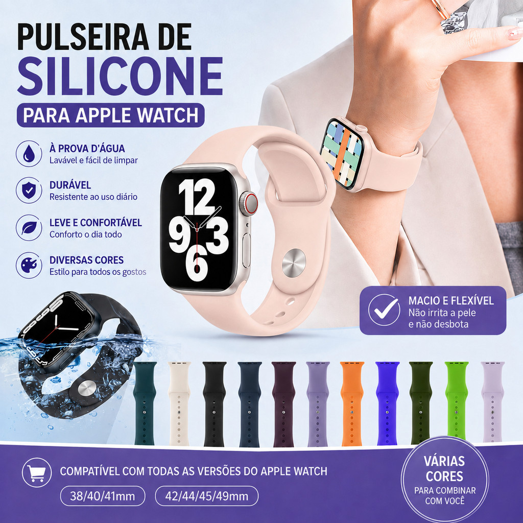 Pulseira Silicone para Apple Watch 38 40 41 42 44 45 49mm Series SE/SE2/SE3 Ultra Ajustável Esportiva Smartwatch