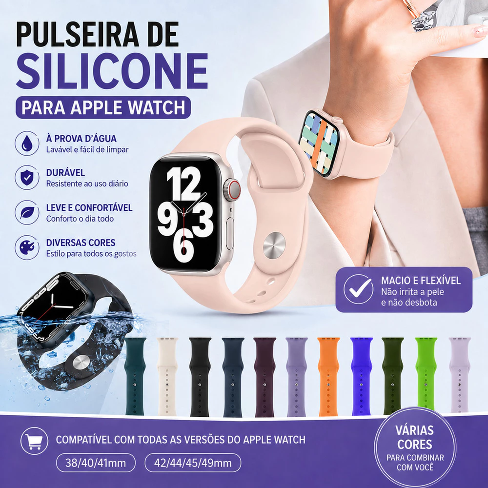 Pulseira Silicone para Apple Watch 38 40 41 42 44 45 49mm Series SE/SE2/SE3 Ultra Ajustável Esportiva Smartwatch