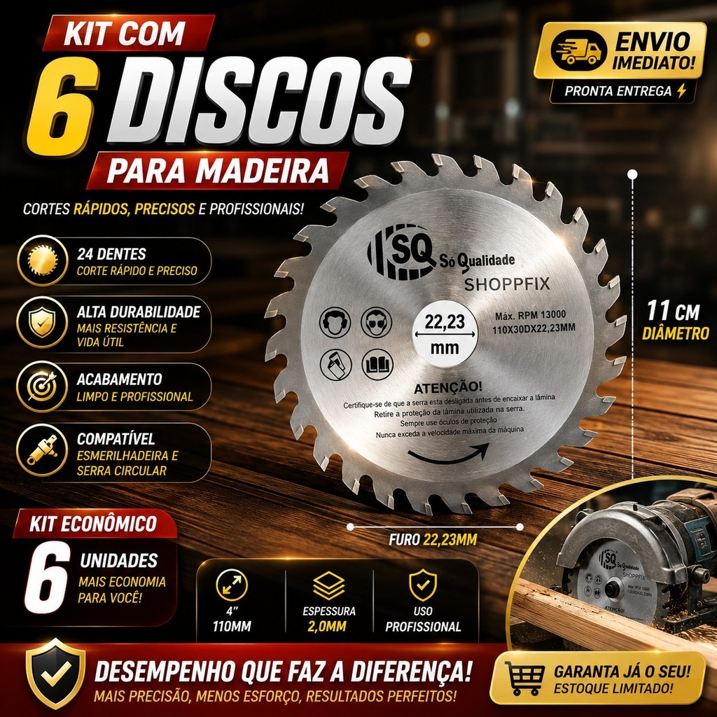 Kit 6 Disco de Corte Para Madeira 4"24 Dentes 110mm Esmerilhadeira Serra Circular Compatível Makita