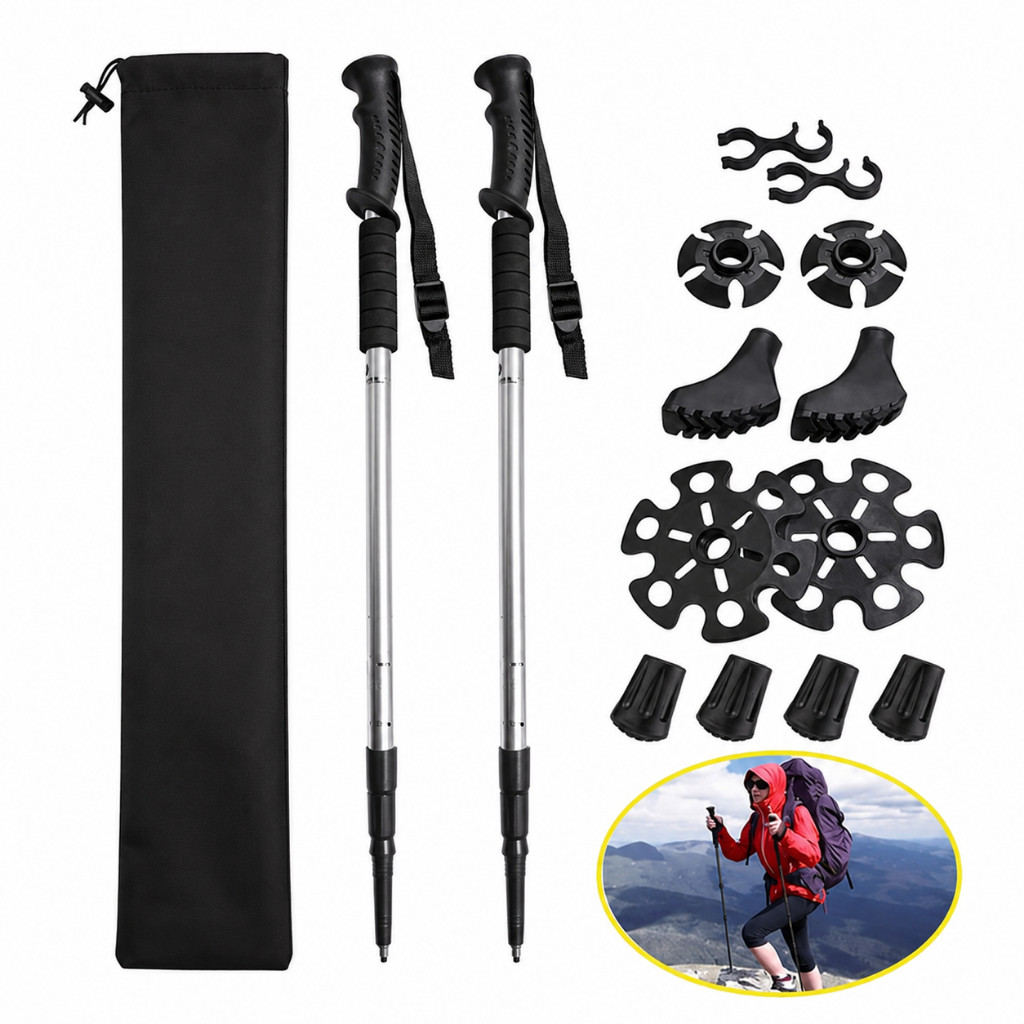 Kit 2 Bastões Trekking Ajustáveis 63-135cm com Anti-Shock - Cabo EVA Ergonômico para Trilhas e Caminhadas