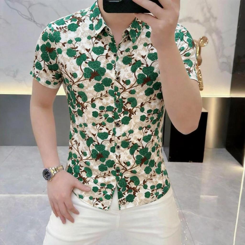 [Roupas Masculinas Premium] Nova Camisa Masculina Com Gola Estampada De Verão , Manga Curta , Elástica , Legal , Leve E 