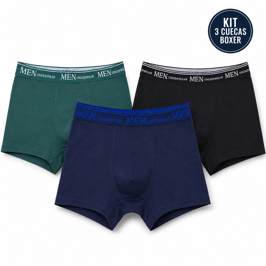 Kit 3 Cuecas Boxer Algodão Masculina Conforto Tecido Macio