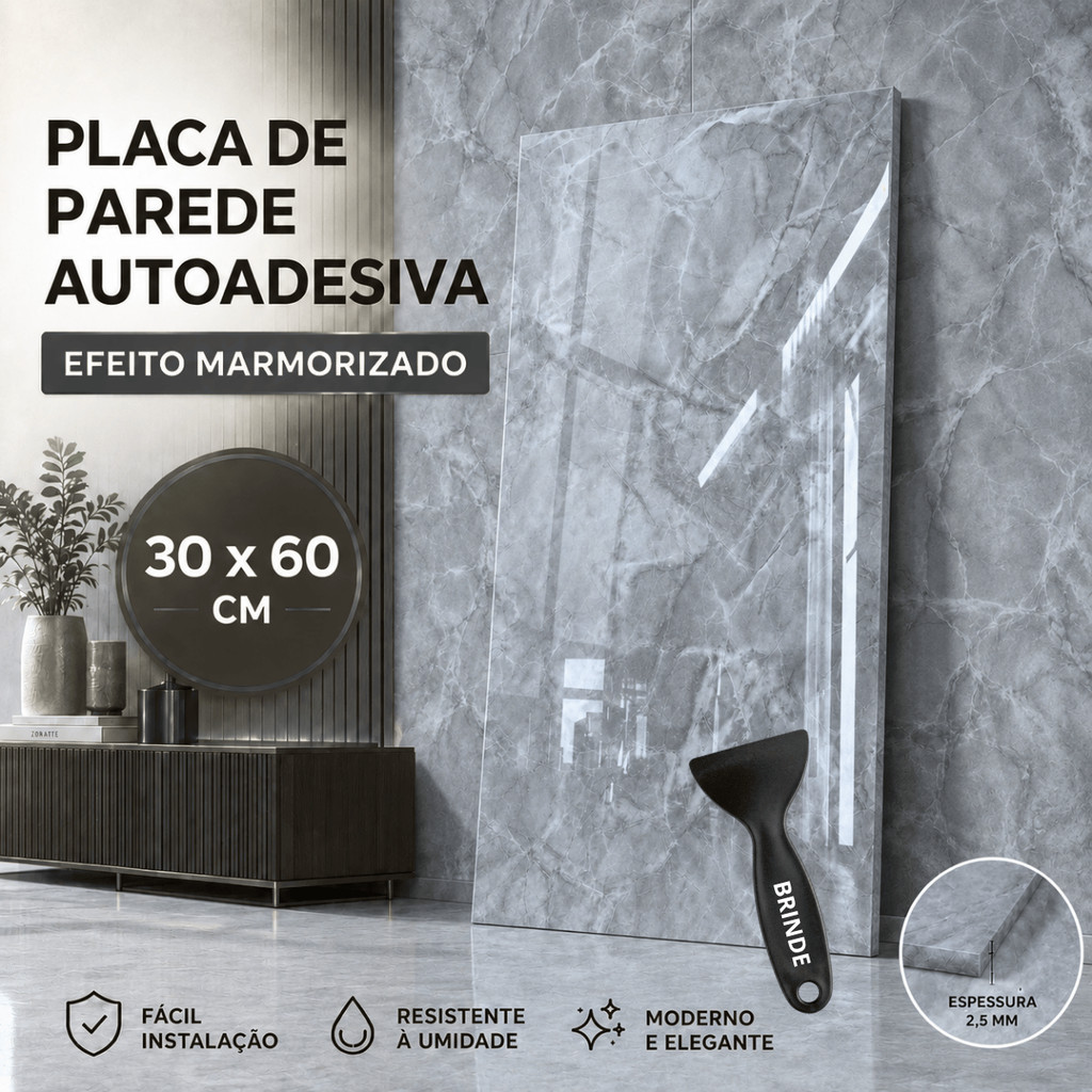 20x Placas Adesivas Parede 30x60 Cinza Imita Marmore Decorativas Marmorizado Painel 3d Total 3.6 M2