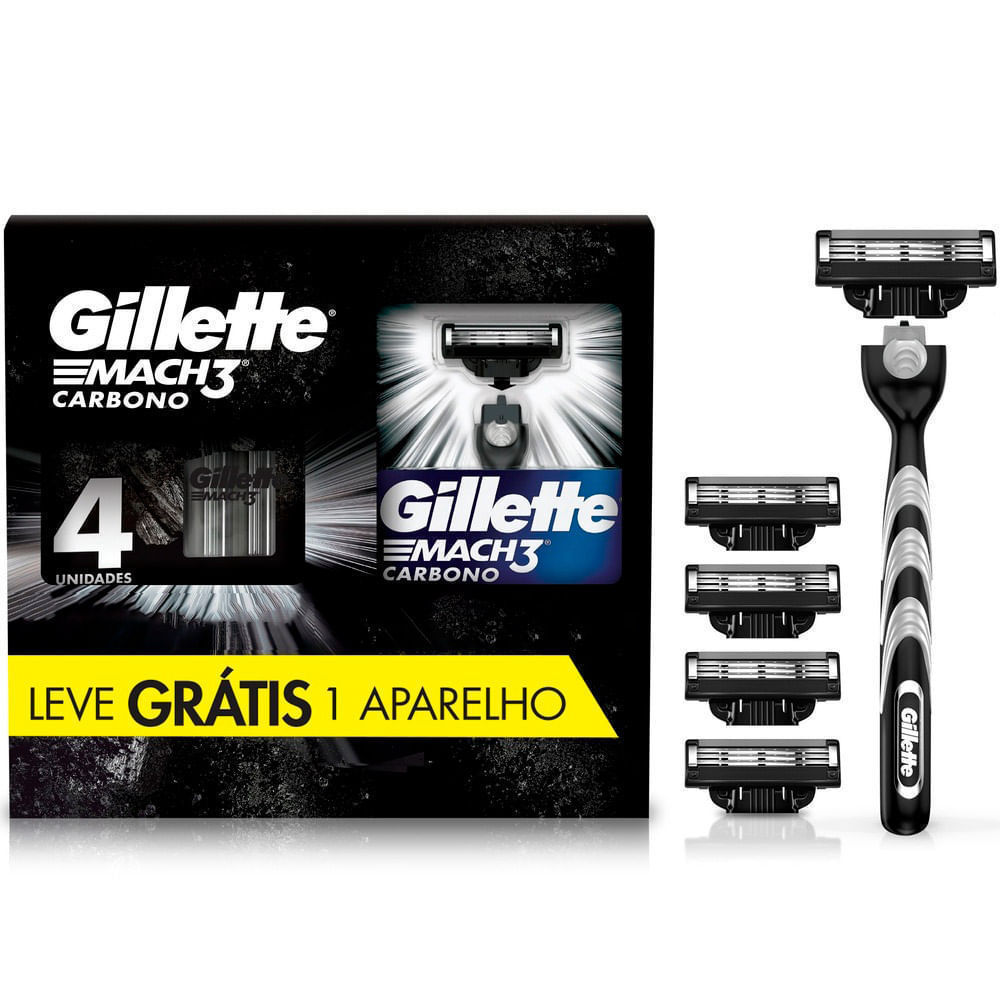 Kit 1 Aparelho Recarregável + 4 Cargas Refis para Barbear Gillette Mach3 Carbono