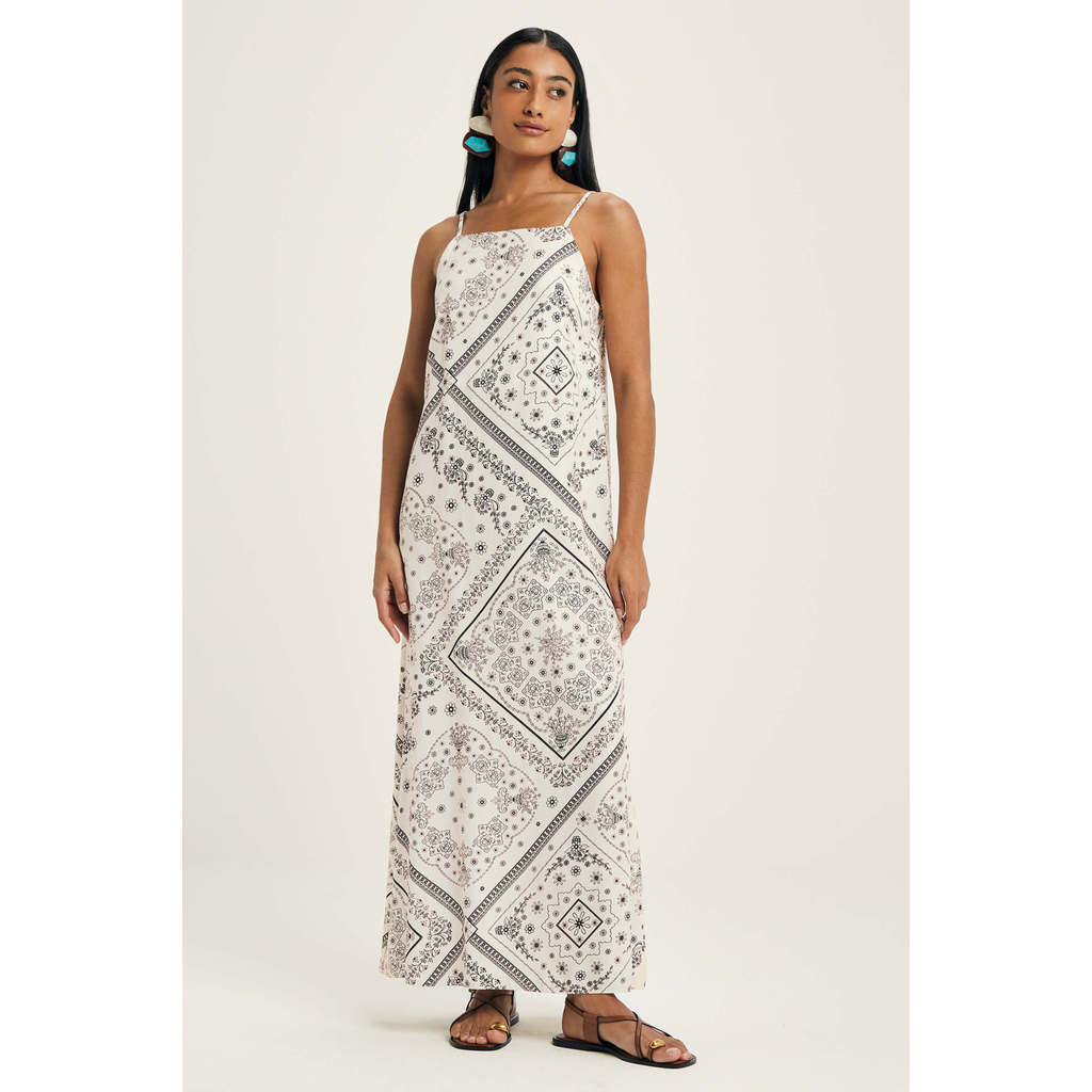 Vestido Feminino Midi Longo Estampado Marialícia Bege
