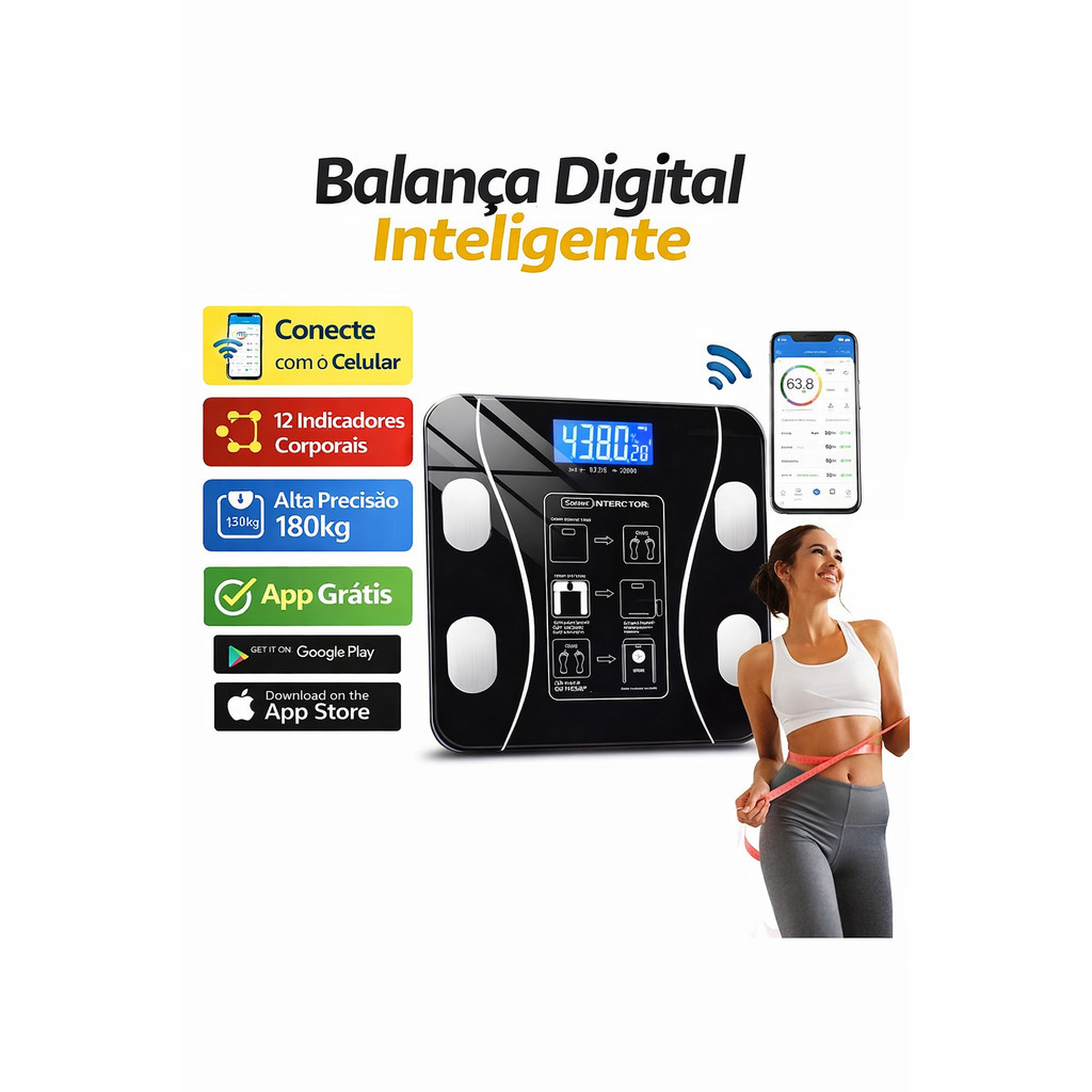Balança Eletrônica Corporal com App Bluetooth – Controle de Peso, Design em Vidro, Capacidade 180kg
