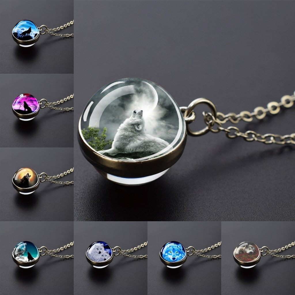 Colar com pingente de lobo, ornamento de bola de vidro e presente de lua KWDK