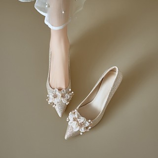 Flor francesa strass sapatos femininos 2026 novo estilo Xiuhe vestido de casamento duas peças não cansado salto alto sap