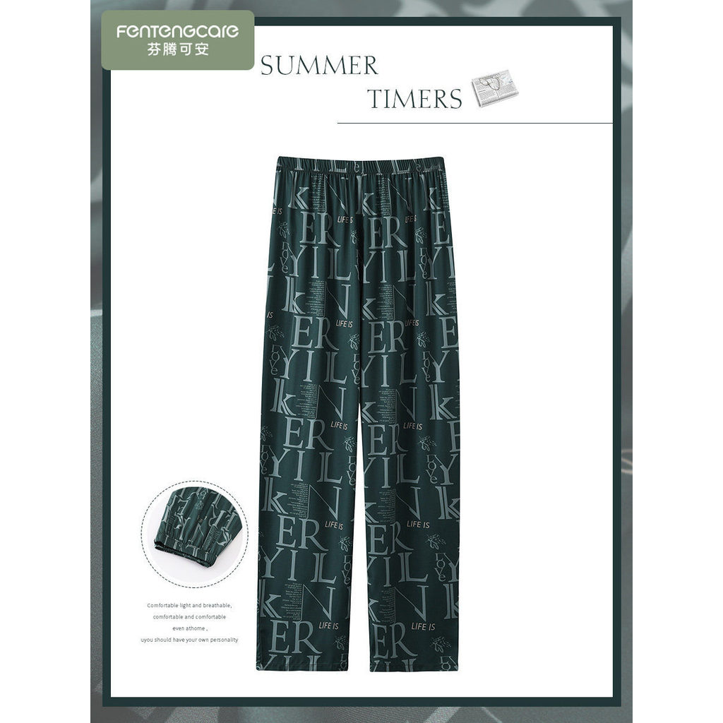 Calças de pijama de seda gelo dos homens primavera outono estilo fino calças masculinas verão solto Plus Size simulação 