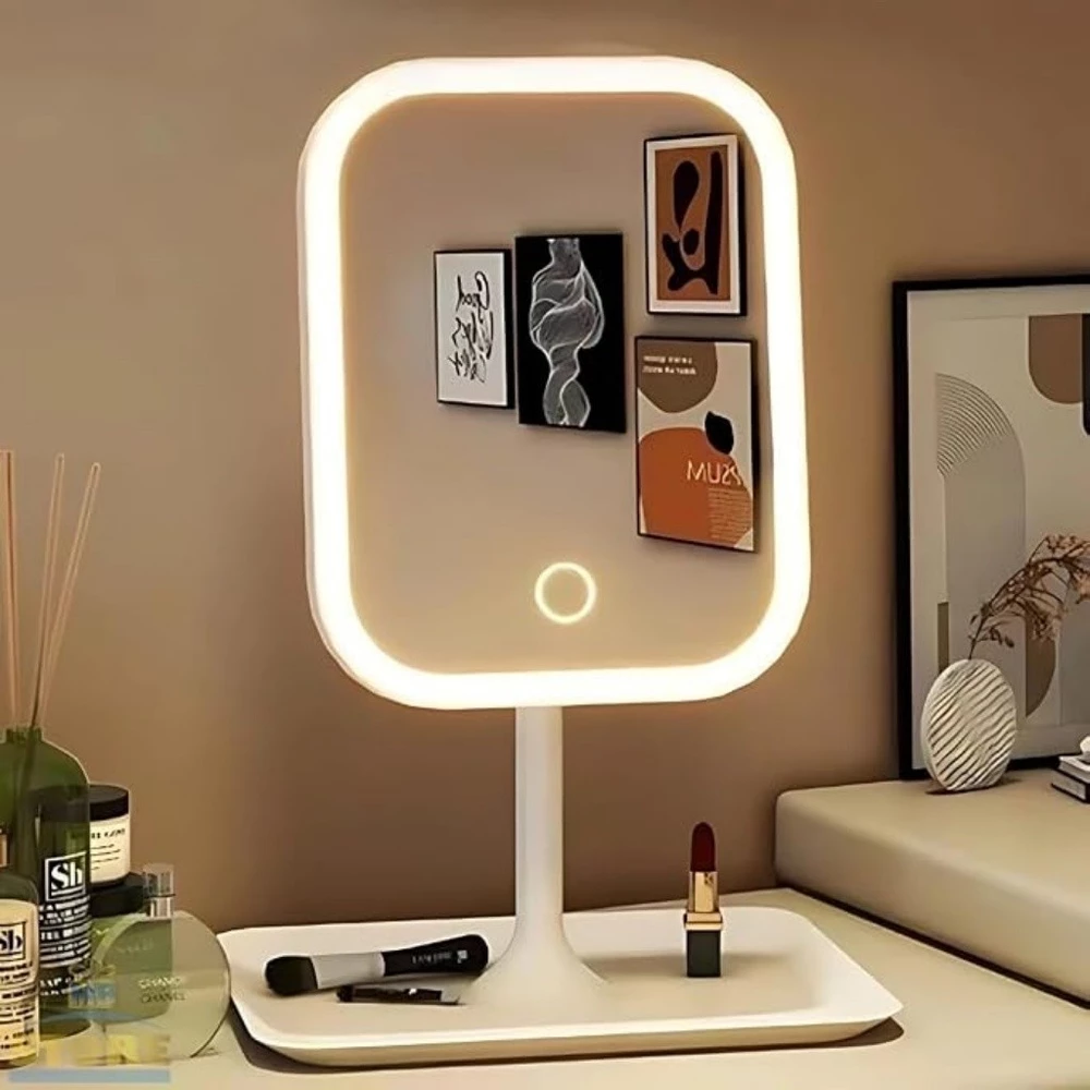 Espelho de Maquiagem LED com 3 Cores de Luz, Touch, Brilho Ajustável e Recarregável USB