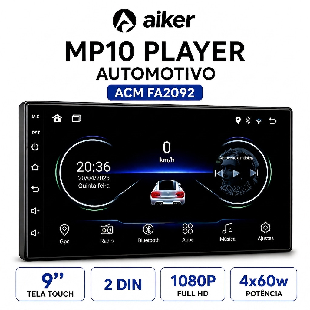 Central Multimídia Automotiva 9" 2 DIN Touch 1080P CarPlay Android Auto Bluetooth Câmera de Ré