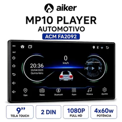 Central Multimídia Automotiva 9" 2 DIN Touch 1080P CarPlay Android Auto Bluetooth Câmera de Ré