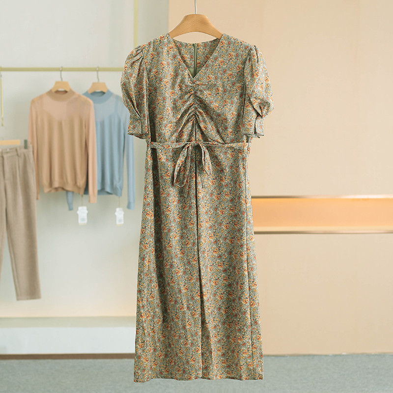 [Hang * Esquerda] Contém Fibra Viscosa Com Decote Em V Floral Vestido De Cintura Estreita 2026 Verão Novo Estilo Marca D