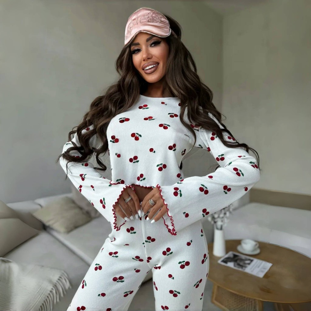 Fornecimento exclusivo de pijamas femininos transfronteiriços primavera outono estilo manga larga estampada enrolada man