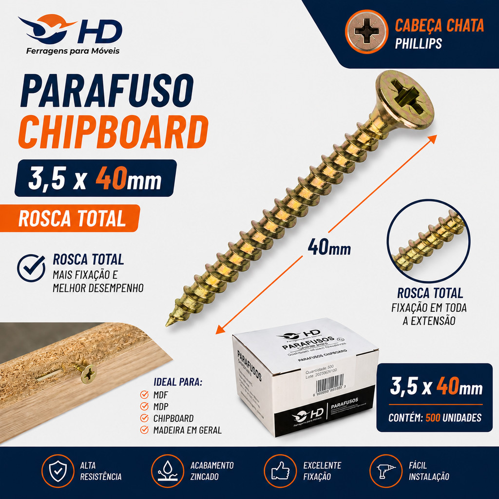 1 Caixa Parafuso 3,5x40 Madeira Chipboard Philips Cabeça Chata 500un - Rosca Total  HD