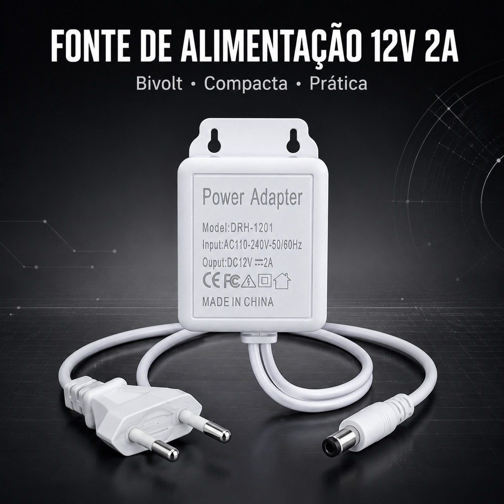 Fonte de Alimentação 12V 2A Bivolt 110V 220V Adaptador AC/DC Conector DC Branco