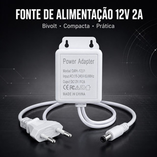 Fonte de Alimentação 12V 2A Bivolt 110V 220V Adaptador AC/DC Conector DC Branco